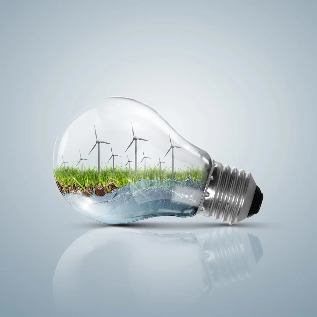 ilustração de lâmpada contento natureza limpa e energia renovável
