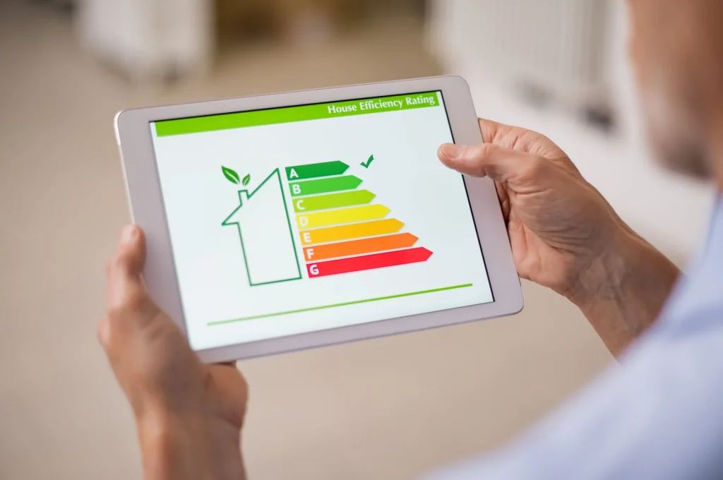 mão segurando tablet que mostra uma tabela de eficiência energética da casa