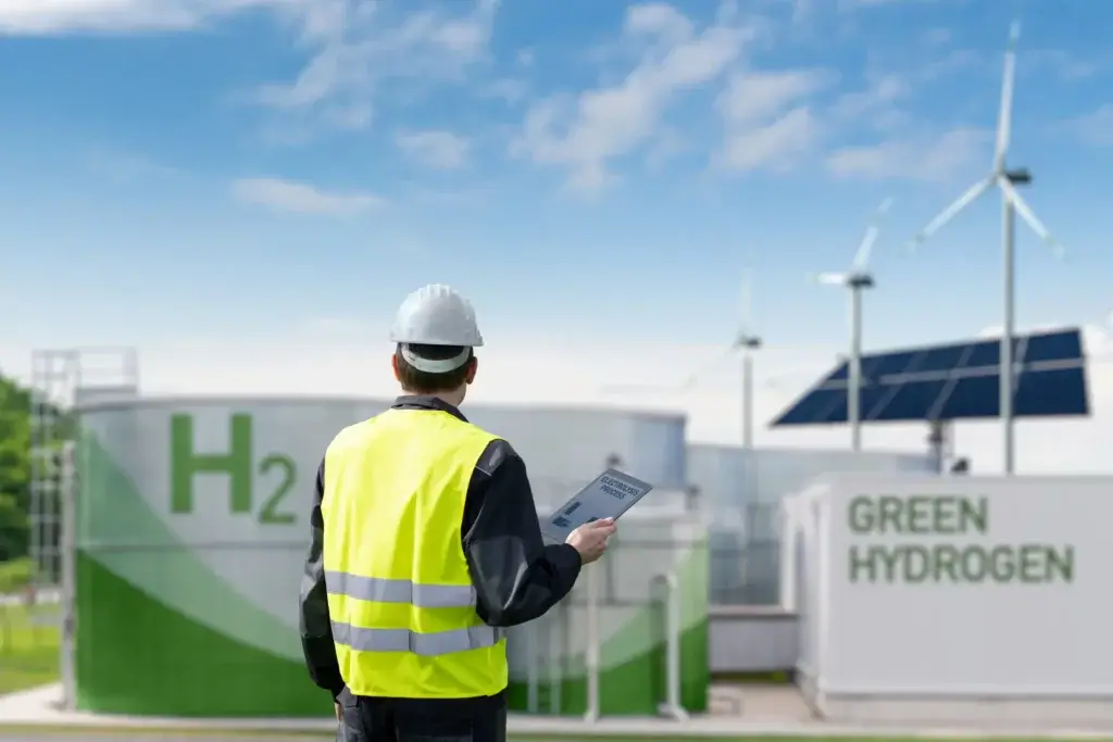 trabalhador-com-colete-amarelo-olhando-turbinas-eolicas-paineis-de-energia-solar-e-armazenamento-de-hidrogenio-verde